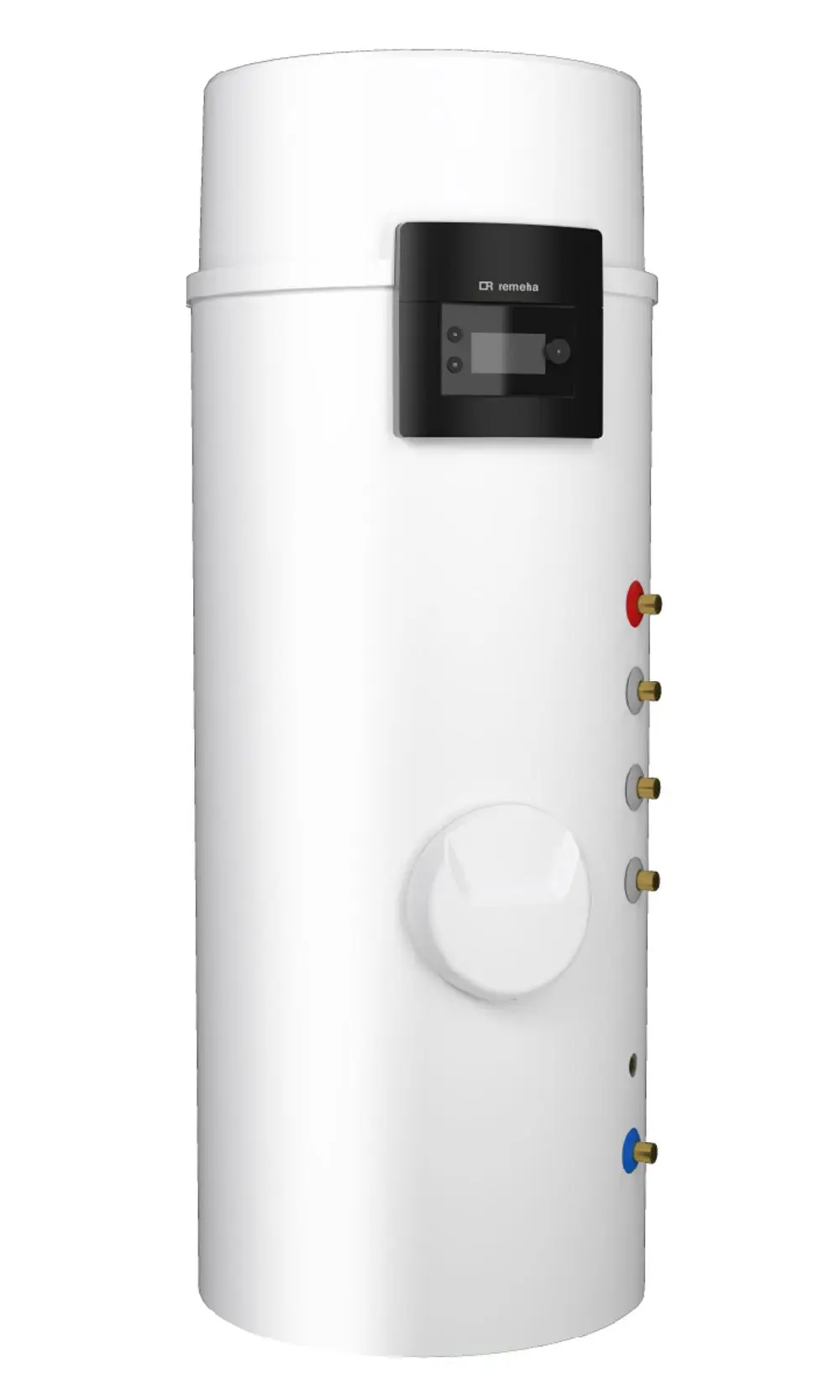 Weißer Wasserboiler mit digitalem Bedienfeld und mehreren Anschlüssen auf der Vorderseite. Marke Remeha.